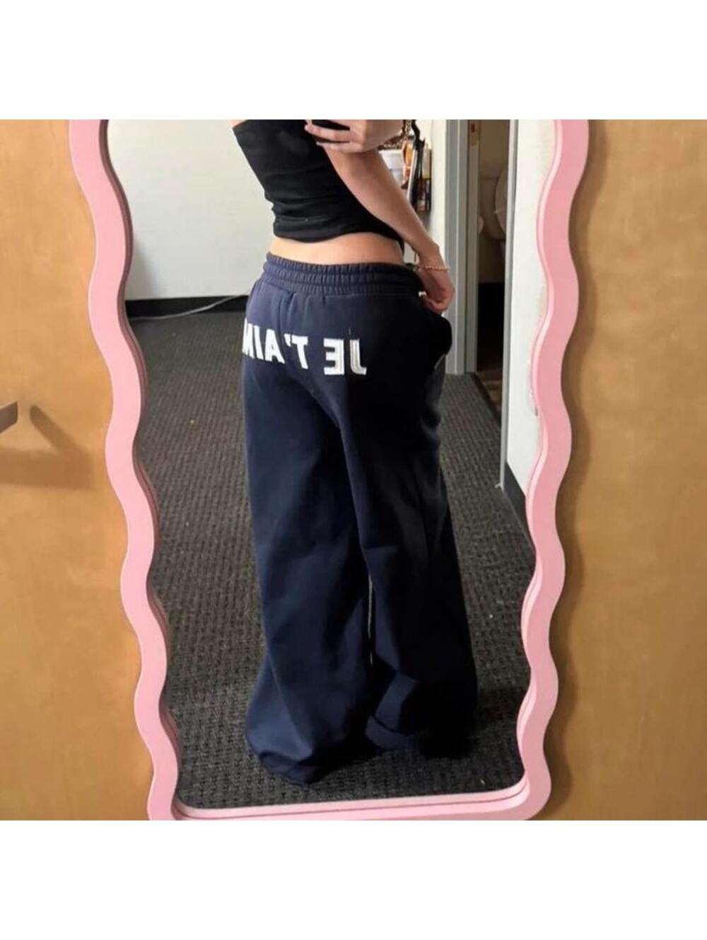 SUMWON WOMEN Je Taime Letter Print Wide Leg Sweatpants Navy Unisex XS